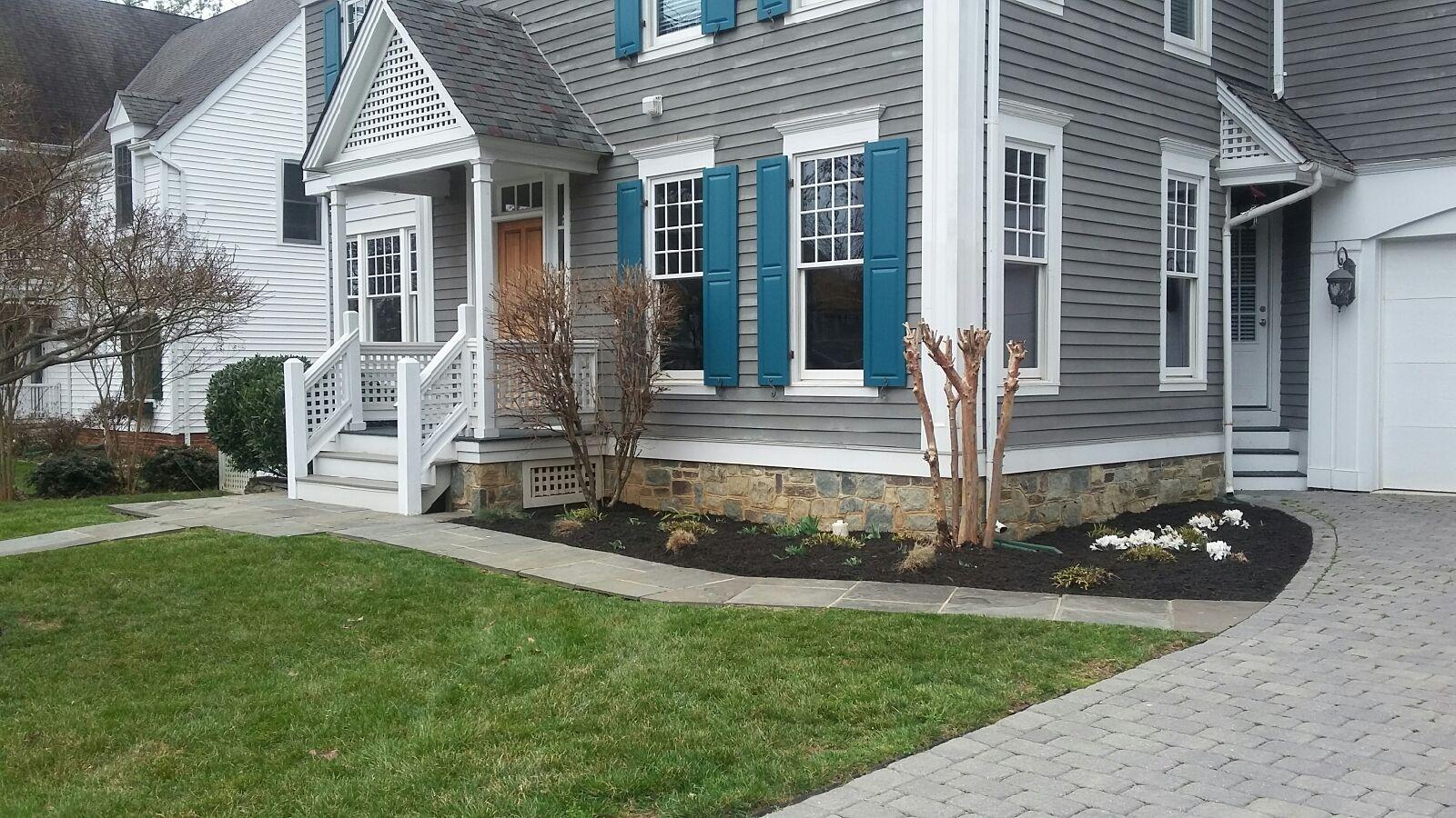 Newly planted and mulched garden beds